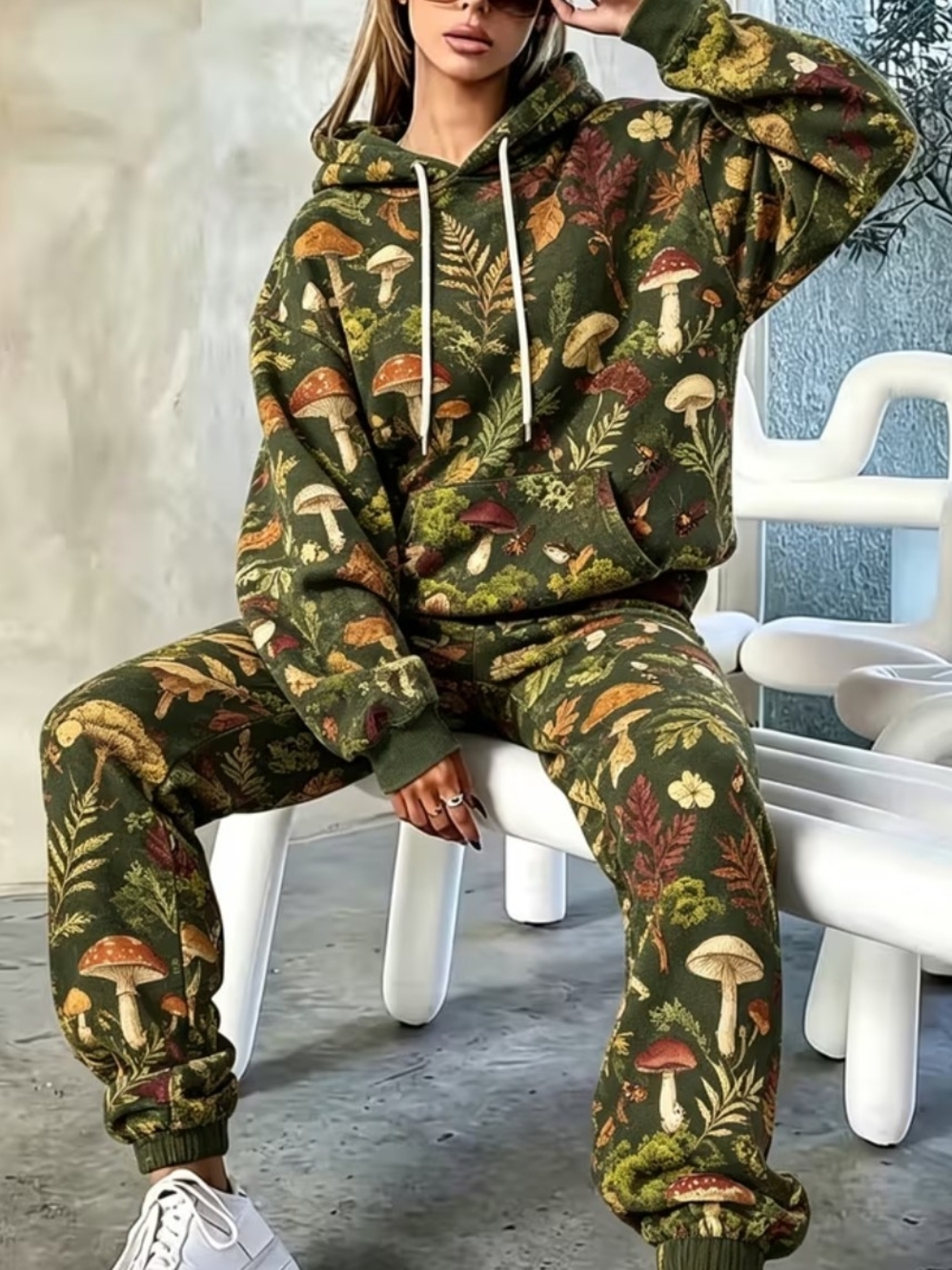 Women's Boho Olive Green Mushroom Print Hoodie And Sweatpants Jogger Set